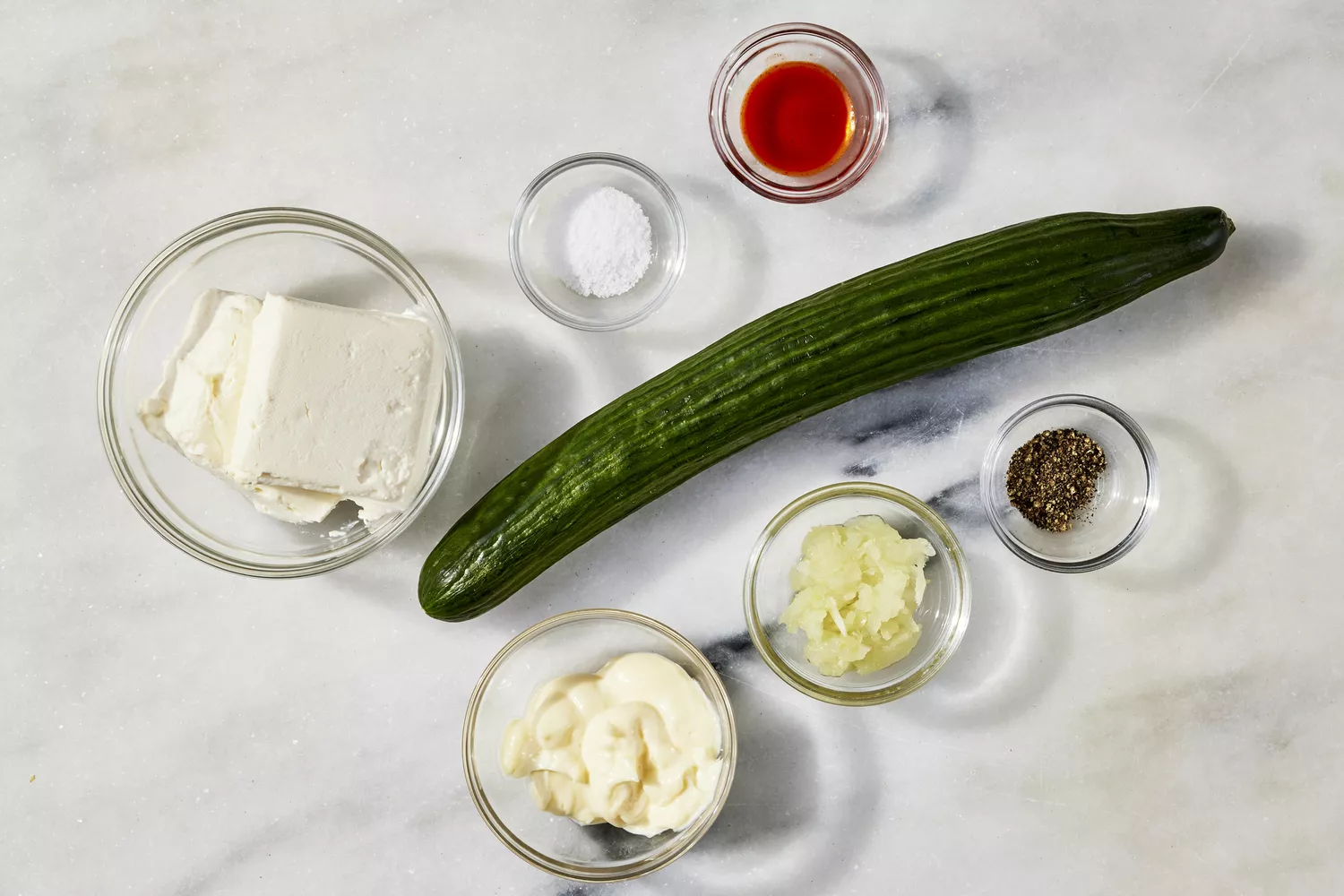 Ingredients for Benedictine Spread (cucumber, cheese, pepper, salt)